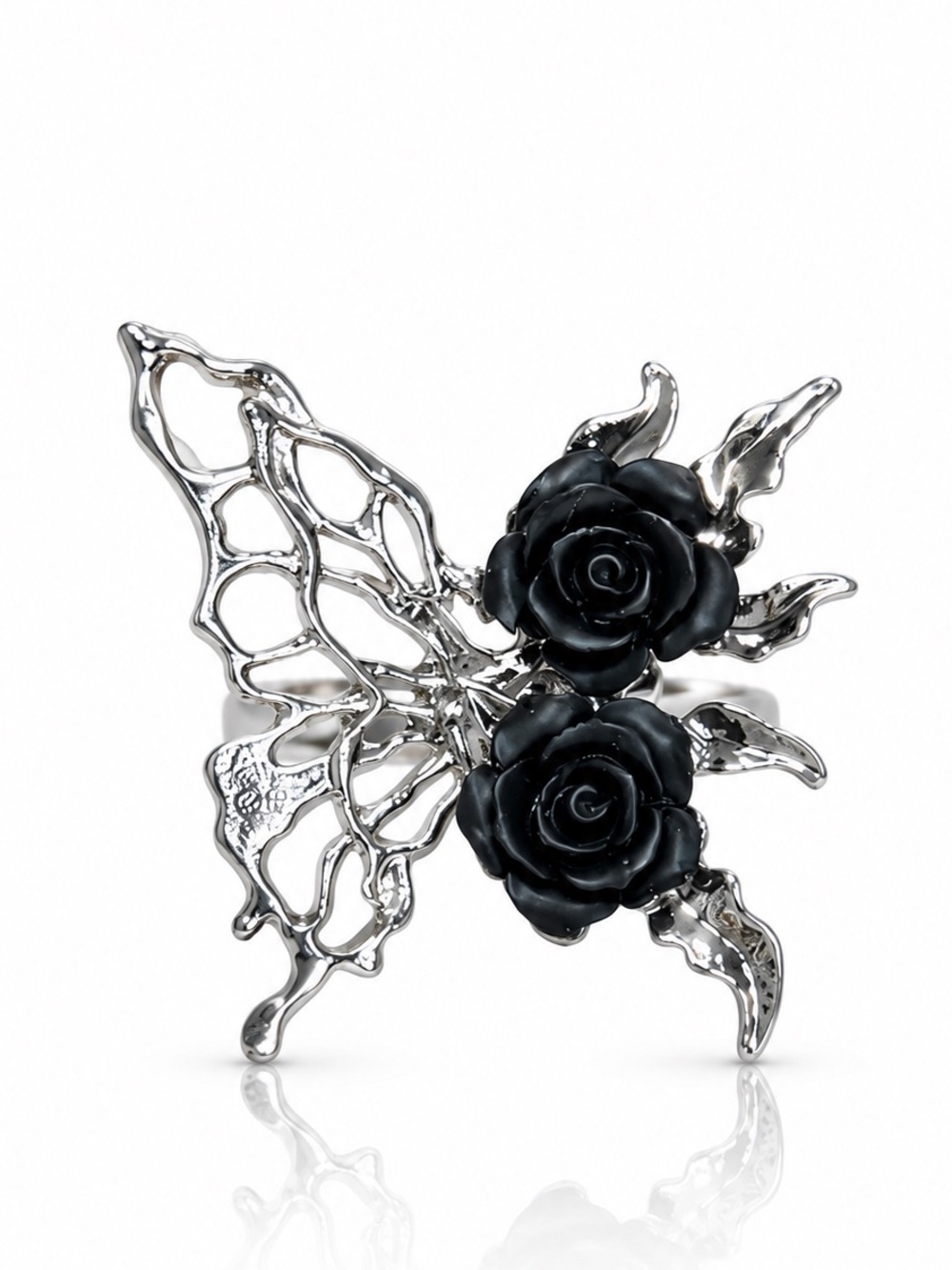 Silver-Tone Black Rose Statement Ring